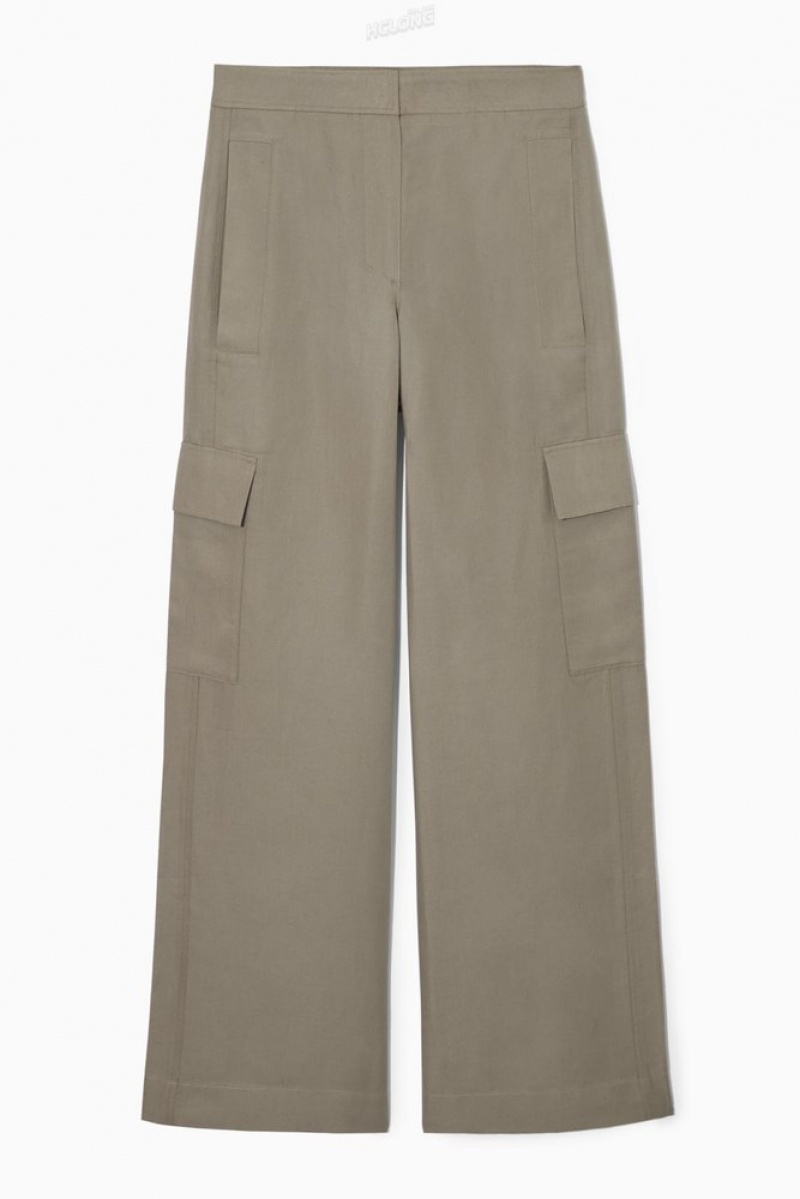 Stone COS Wide-Leg Linen-Blend Cargo Pants | BK20-X0MD