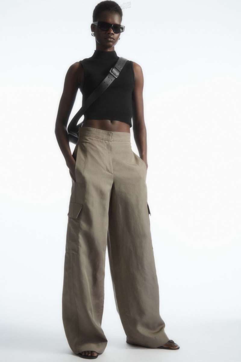 Stone COS Wide-Leg Linen-Blend Cargo Pants | BK20-X0MD