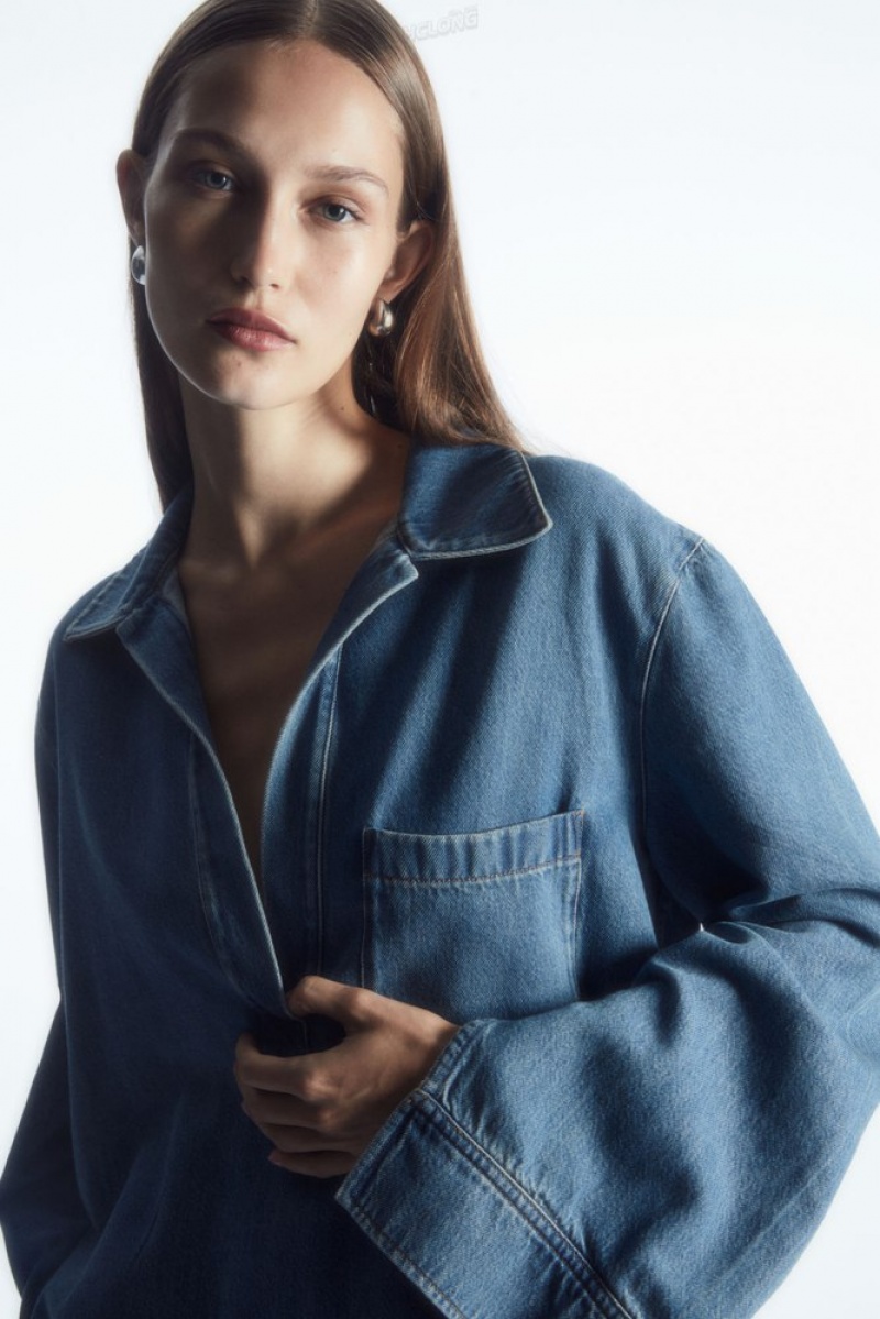 Washed Blue COS Collared V-Neck Denim Top | KB26-B8CS