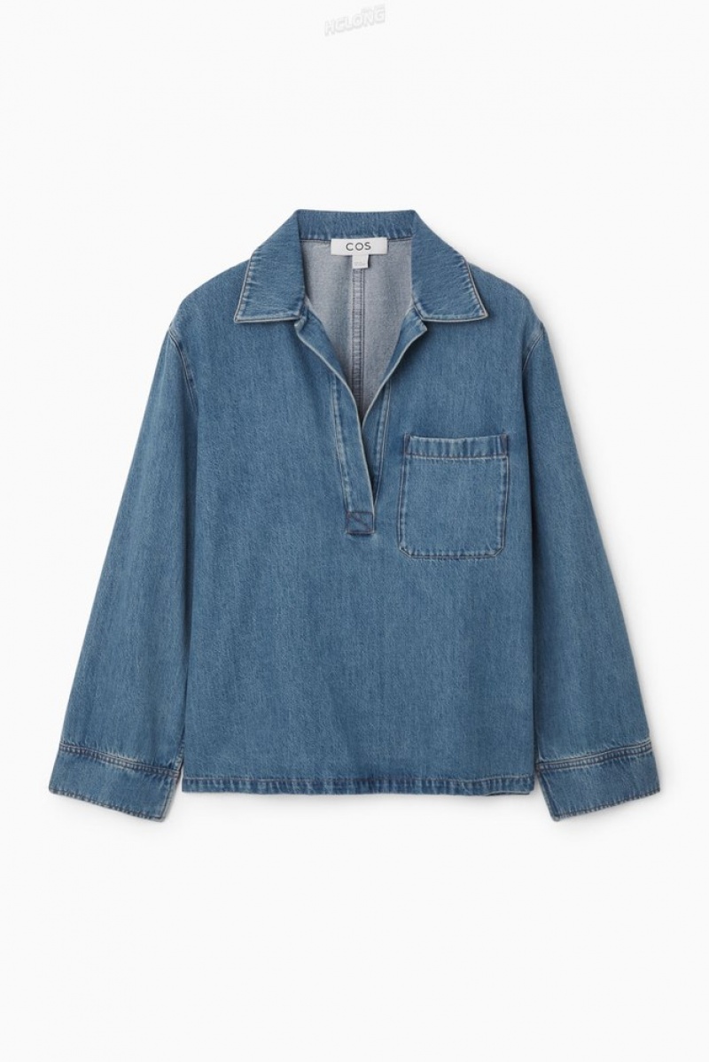 Washed Blue COS Collared V-Neck Denim Top | KB26-B8CS