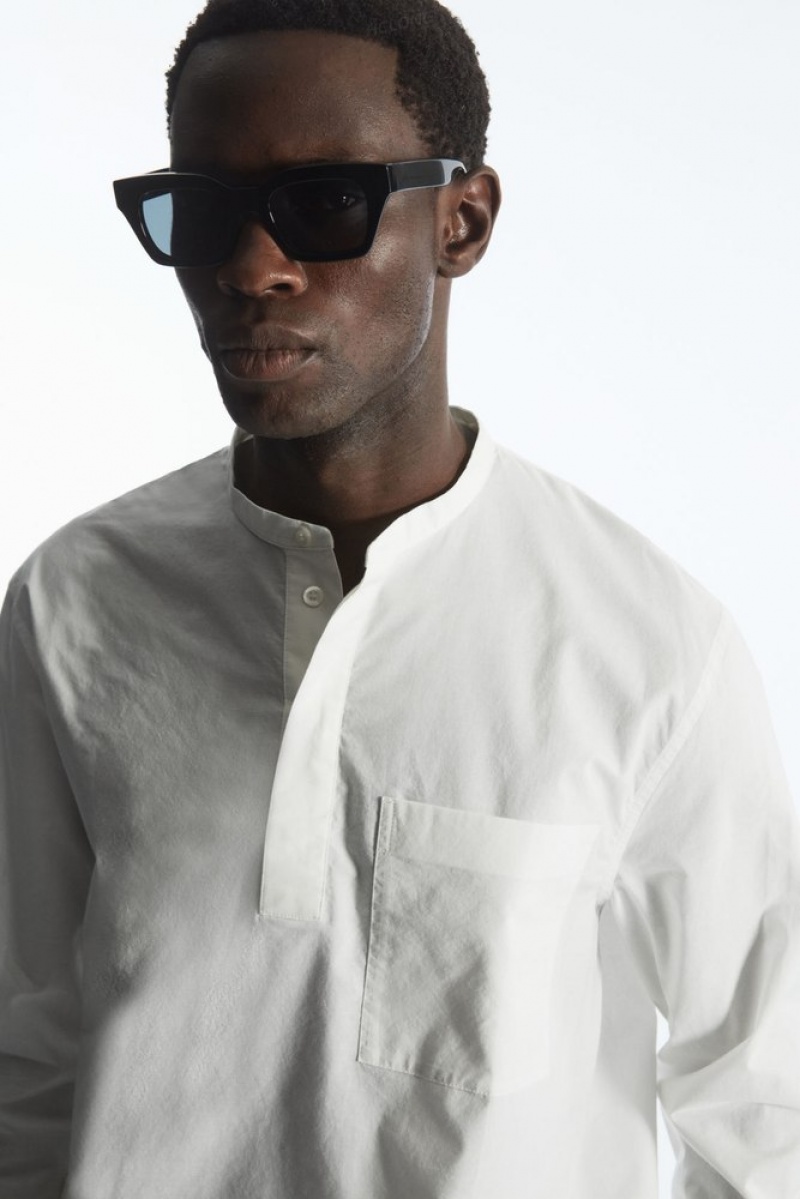 White COS Grandad-Collar Half-Placket Shirt | SQ16-T2JR