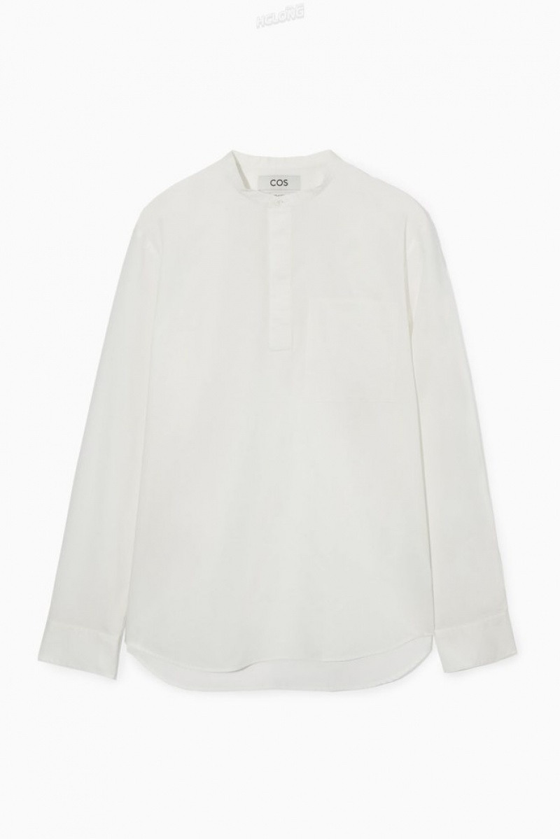 White COS Grandad-Collar Half-Placket Shirt | SQ16-T2JR