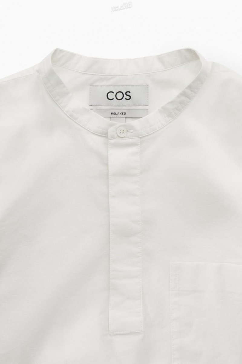 White COS Grandad-Collar Half-Placket Shirt | SQ16-T2JR