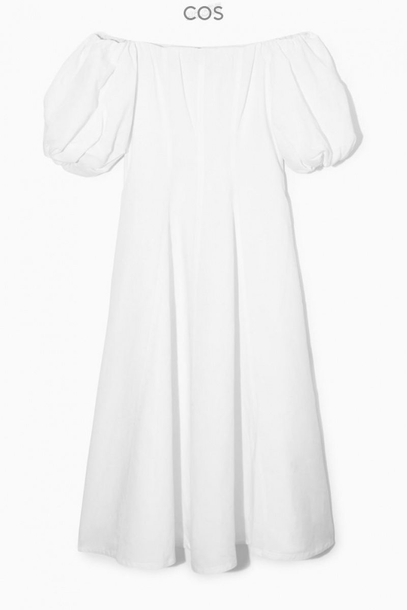 White COS Off-The-Shoulder Puff-Sleeve Midi Dress | KT86-D8AX