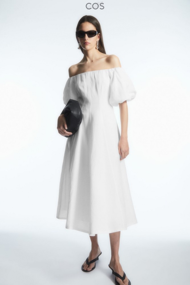 White COS Off-The-Shoulder Puff-Sleeve Midi Dress | KT86-D8AX