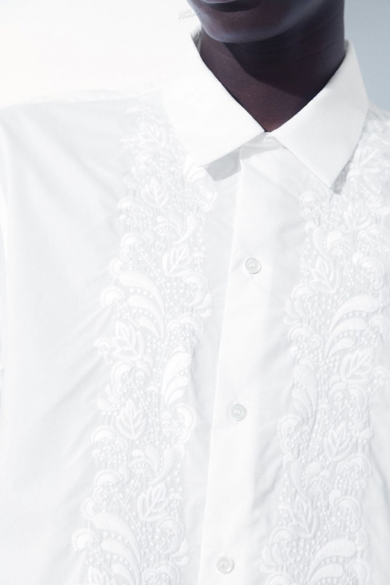 White COS The Embroidered Short-Sleeved Shirt | YL54-U1MI