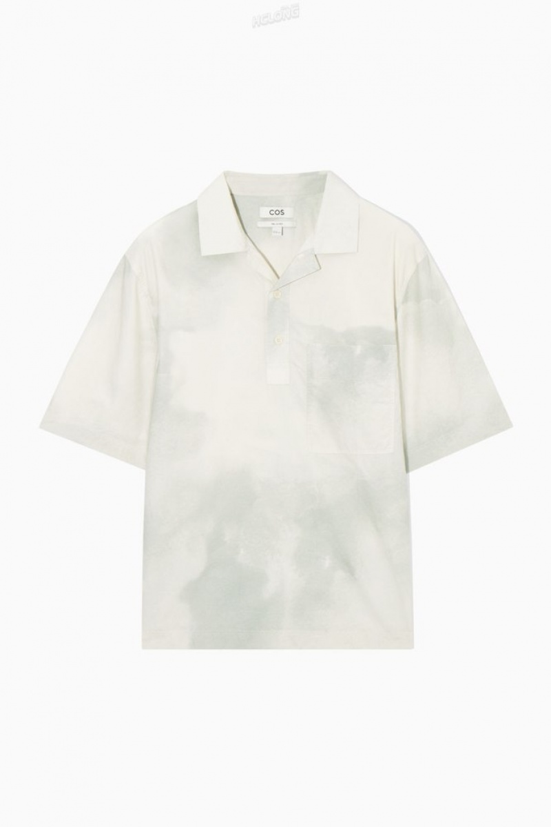 White / Green / Printed COS Printed Half-Placket Short-Sleeved Shirt | MH10-E2LE