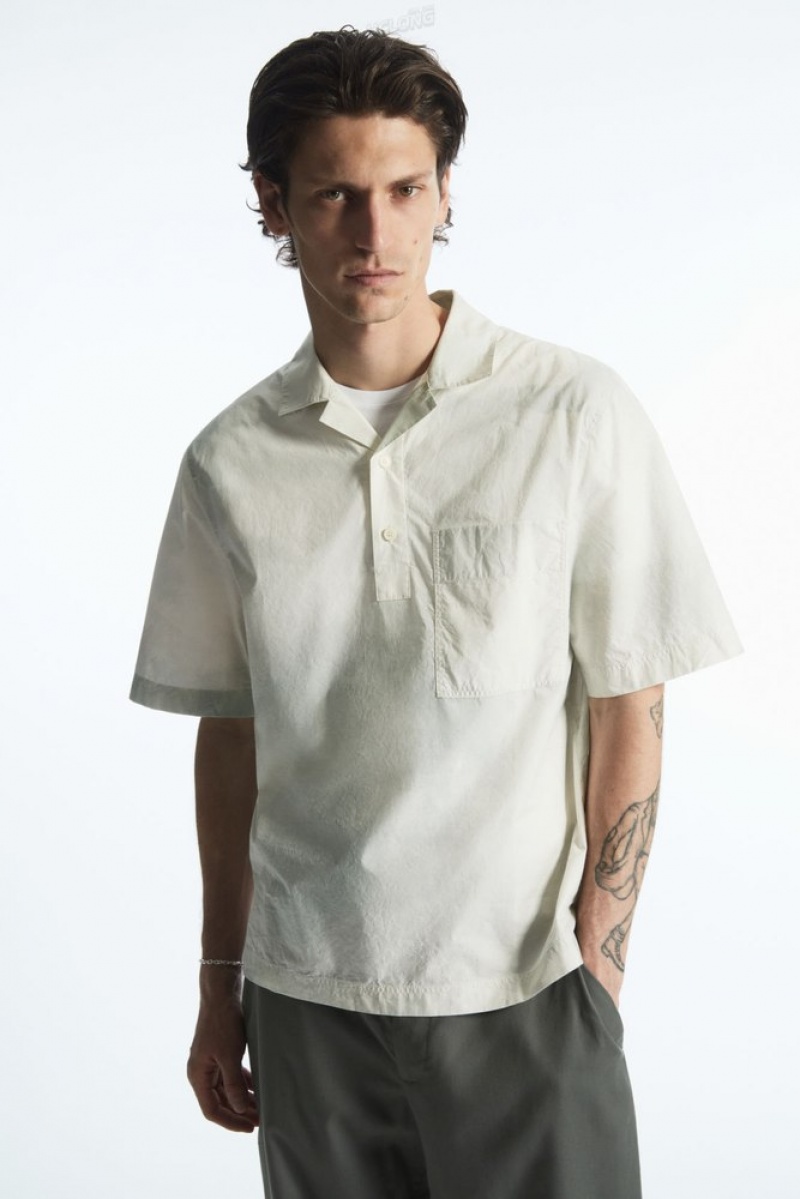 White / Green / Printed COS Printed Half-Placket Short-Sleeved Shirt | MH10-E2LE